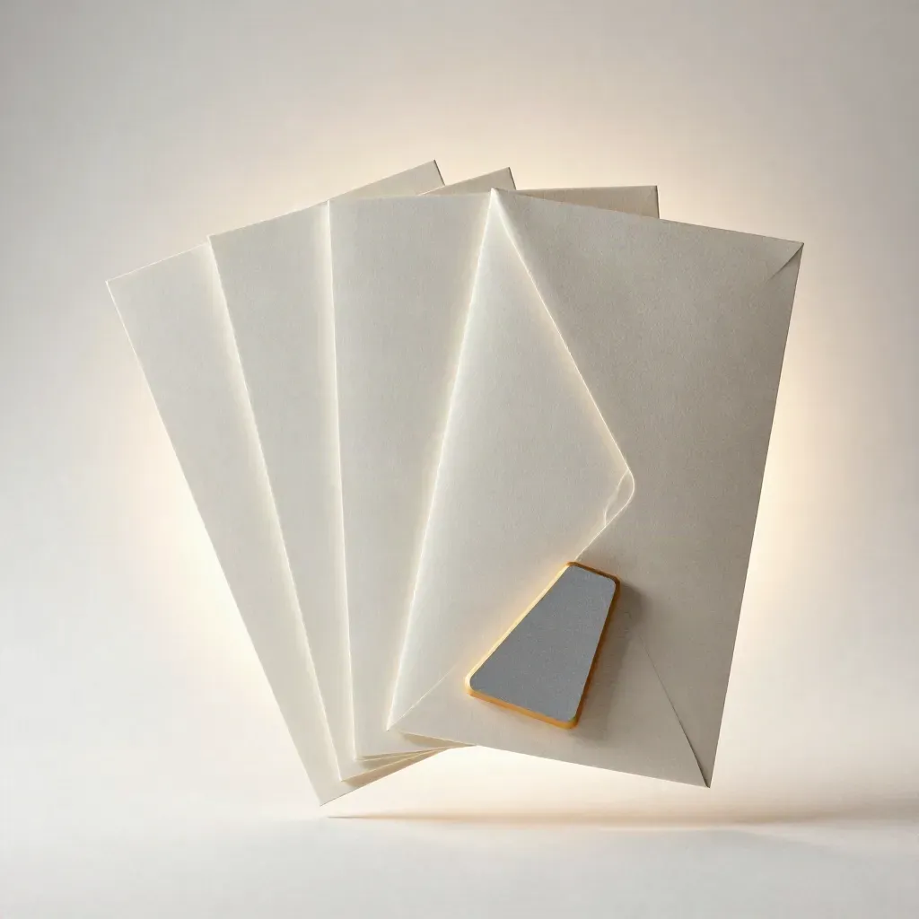 Zwevende leveranciersmatch-kit met vier tabs, envelop en proefblok tegen een lichte achtergrond.