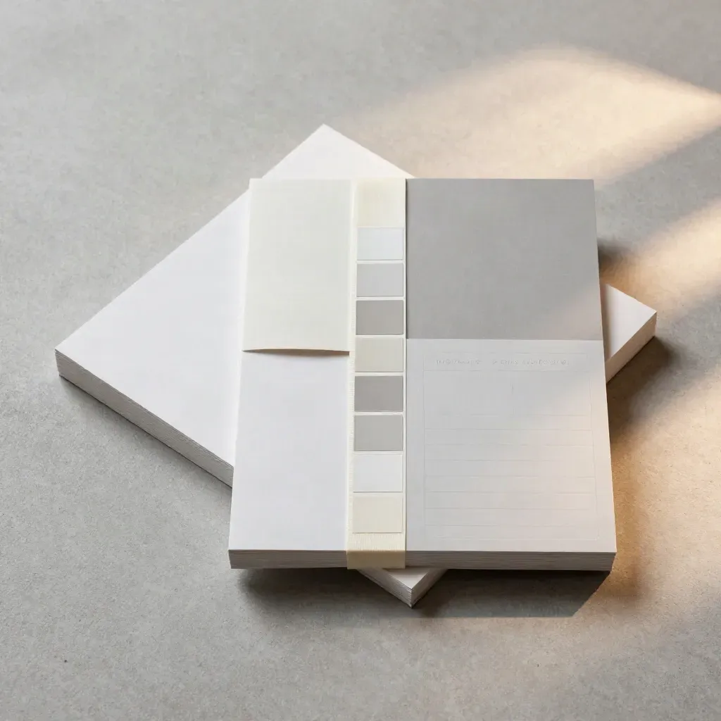 Flatlay van papier, tabblad, samplestrip en lint op lichte betonplaat.