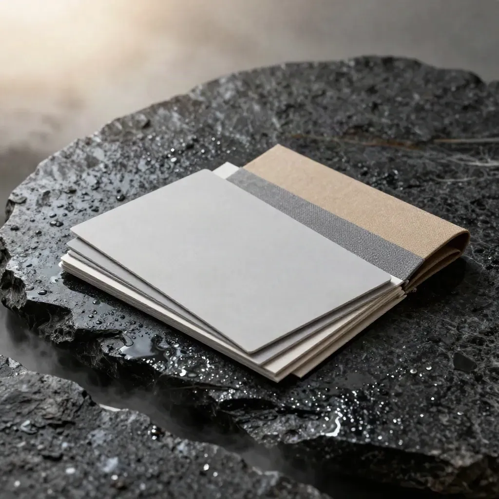 Close-up van een natte basaltsteen met proefkaart, stofband en condens in koele mist.