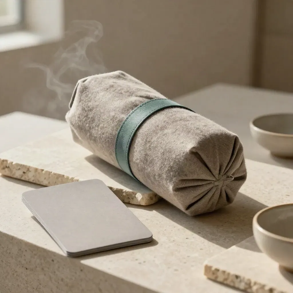 Een margecheck-bundle op kalksteen met zachte nevel en luxe showroomlicht.