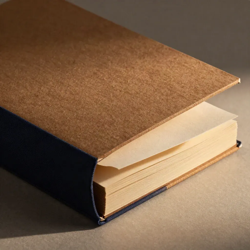 Close-up van een prijscheckmap met stoffen sleeve en zachte papieren vouw op licht hout.