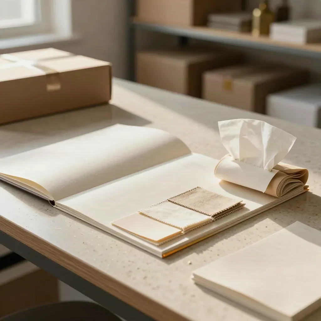 Off-white importbundel op een travertijnen werkbank met stofsample en zachte ambergloed.