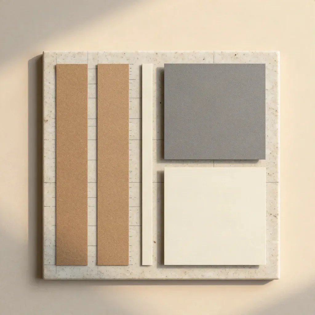 Flatlay van een prijskaart-pro kit met proefstroken en sleeve op travertin.