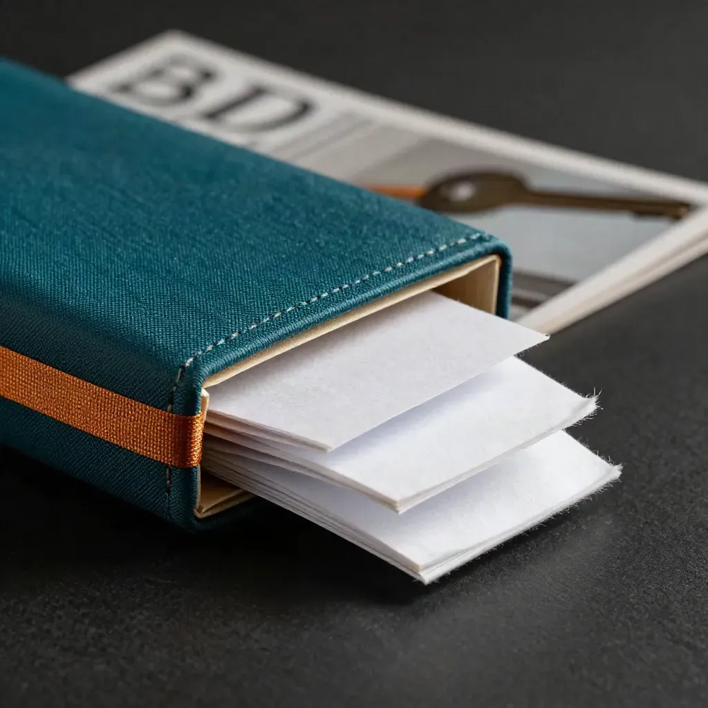 Extreem macro van een retail-scan kit met teal hoes, amber lint en drie witte inlegvellen.