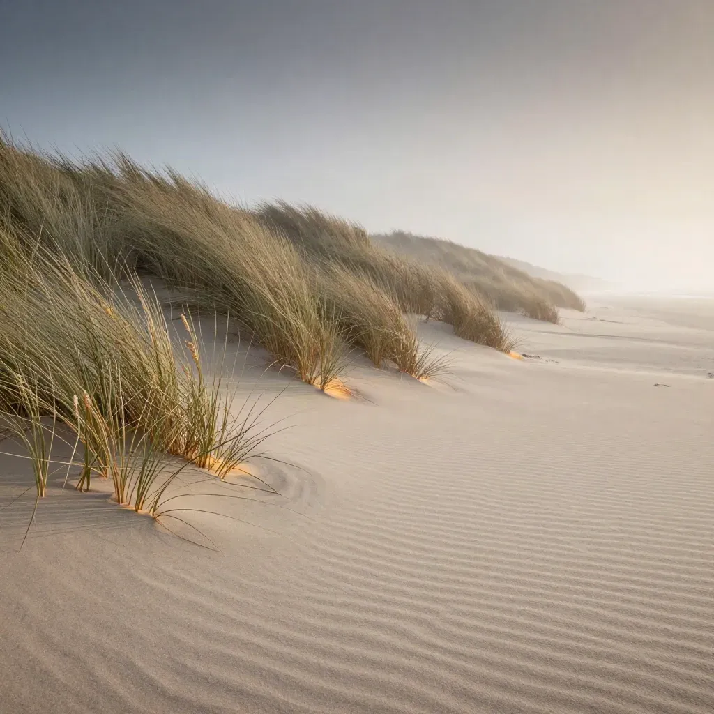 Duinkam met helmgras boven zacht zand en zeemist, met veel rustige ruimte onderin.