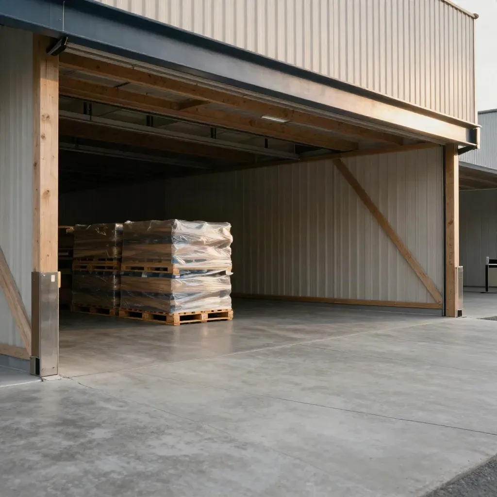 Minimalistische magazijningang met pallets en veel rustige ruimte voor tekst.